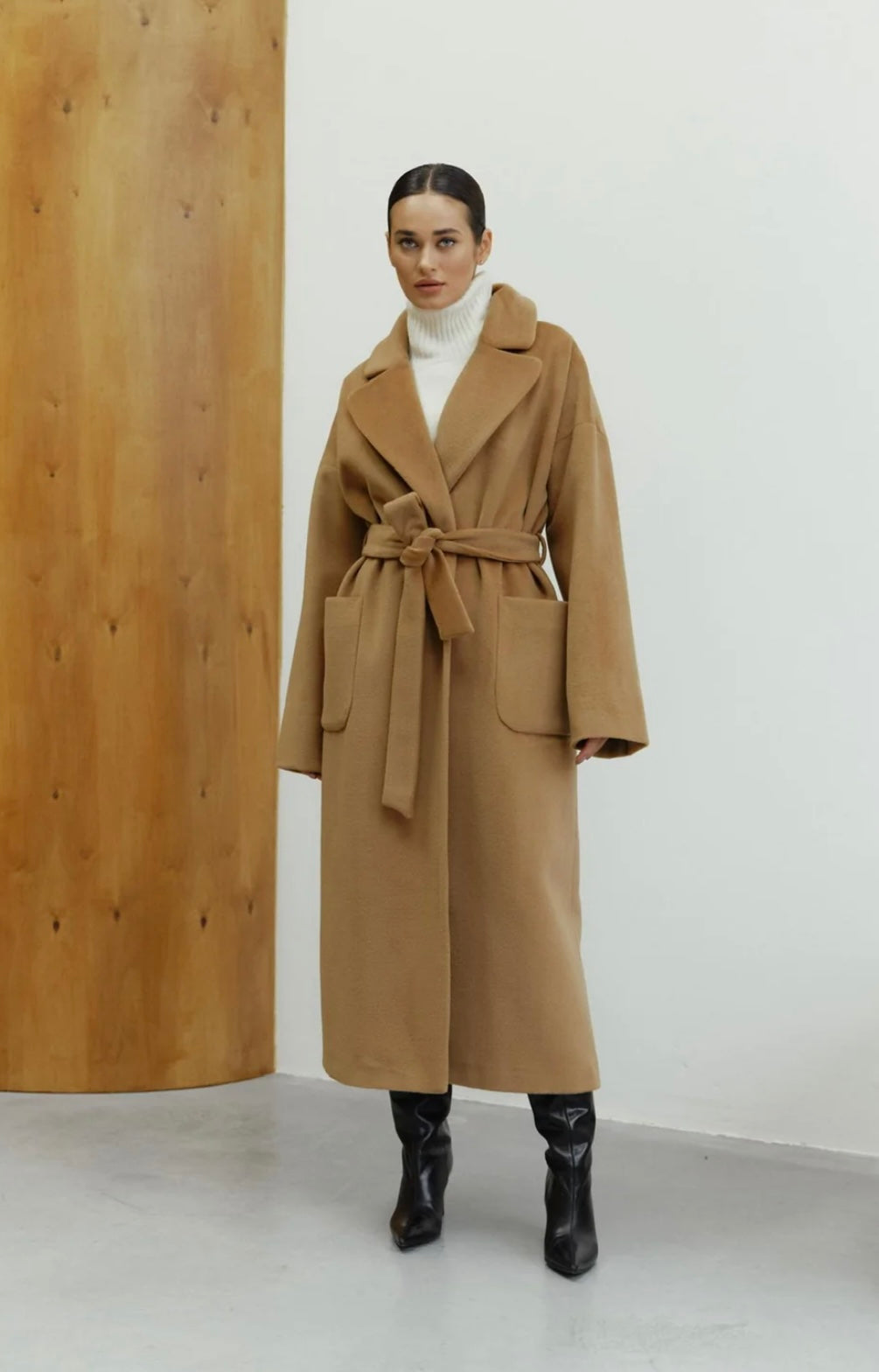 camel belted coat wool